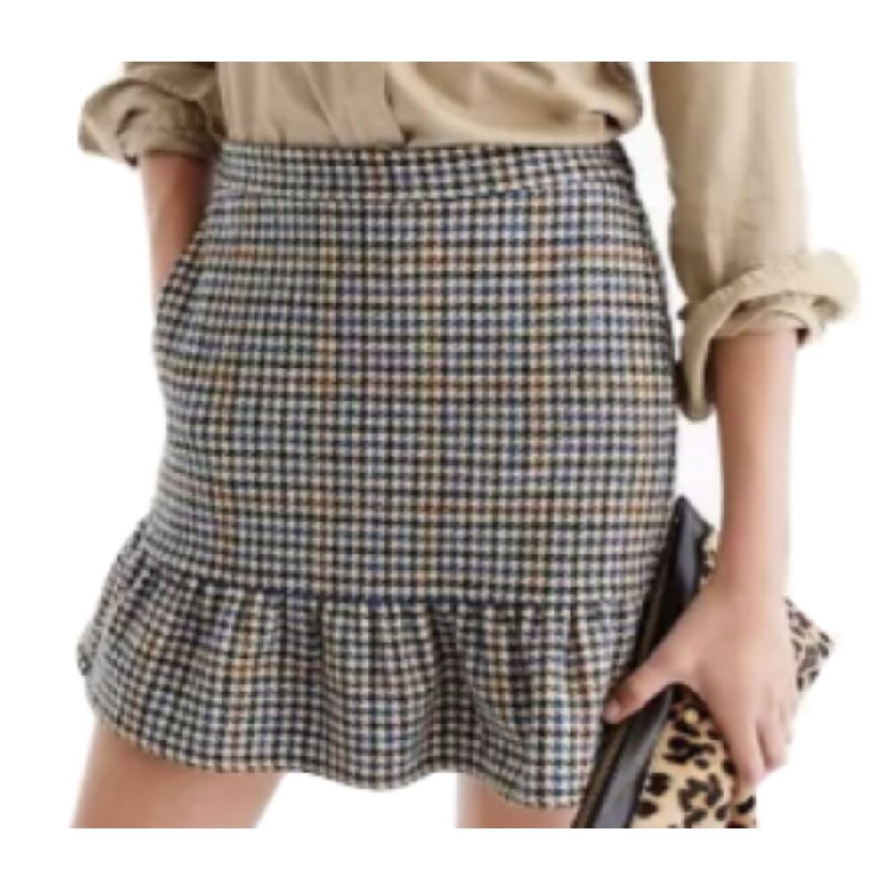 J. Crew Wool Houndstooth Plaid Ruffle Hem Mini Skirt Blue Brown Size 4